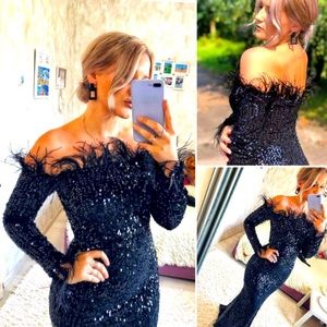 🎉New Sequined Velvet Off Shoulder Feather LongSleeve Stretchy Mermaid Maxi Gown